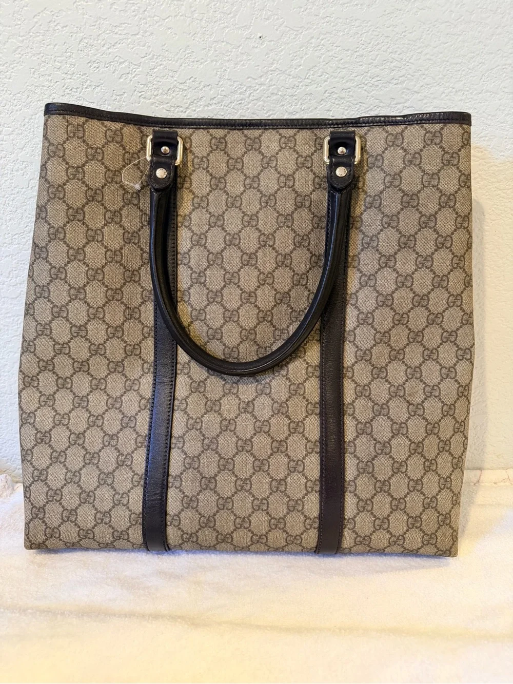 Gucci Brown GG Supreme Canvas Tote with Dark Brown Leather Trim